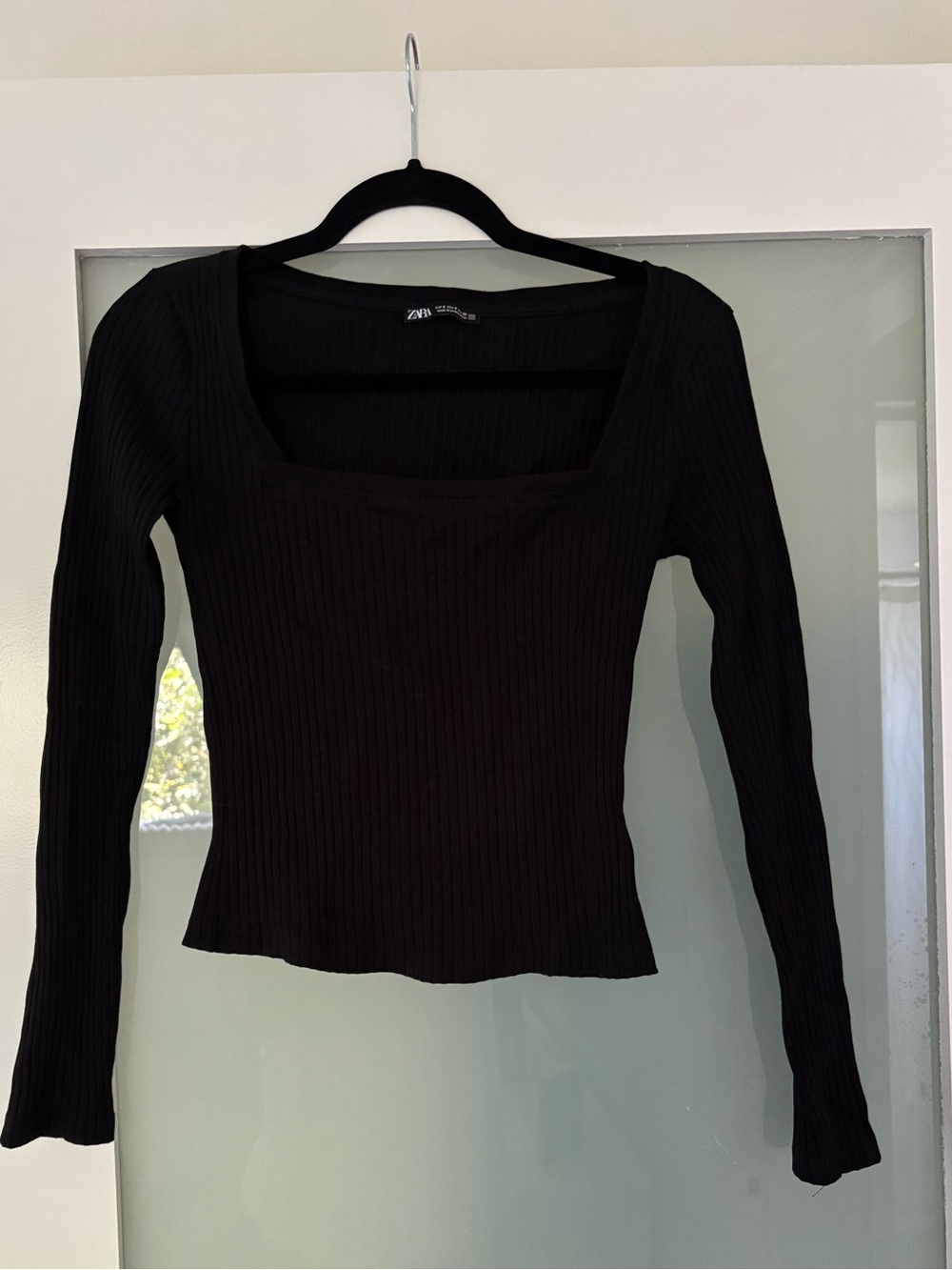 Zara Black Ribbed Long Sleeve Square Neck Top